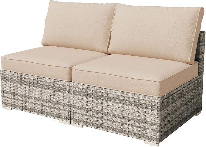 Weaxty 2 Pieces Patio Furniture Sets Middle Seats, Wicker Outdoor Sectional Sofa with Thicken Cushion, Patio Conversation Couch Set for Porch, Balcony,Yard, Poolside, Beige