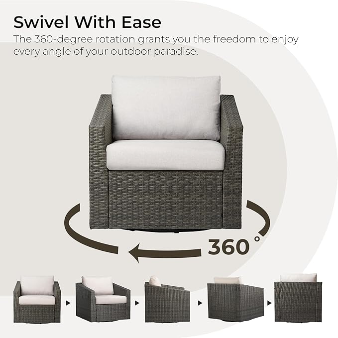 CHITA 5 Pieces Swivel Wicker Patio Furniture Set, Outdoor Conversation Set with 2 Pieces Rattan Swivel Chairs, 2 Pieces Ottomans, Thickened Cushions and Side Table, Beige Cushions with Grey Wicker