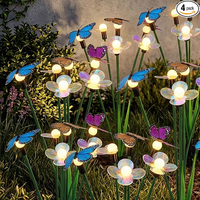 Hoikwo Solar Garden Flower Lights 4 Pack, Swaying Butterfly Flower Stakes Outdoor, Lifelike Butterflies and Flowers with 6 LED Warm Lights, Solar Lights Decor for Yard, Patio, Garden, Pathway