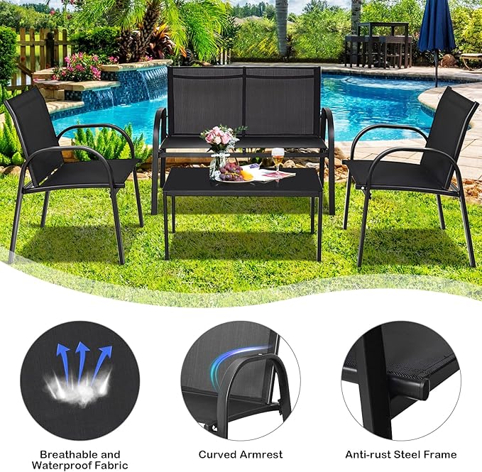 DORTALA 4 Piece Outdoor Furniture Set, Patio Conversation Set with Loveseat, 2 Single Chairs, Patio Sofa Garden Sofa Set with Steel Frame, Ideal for Balcony,Poolside, Black