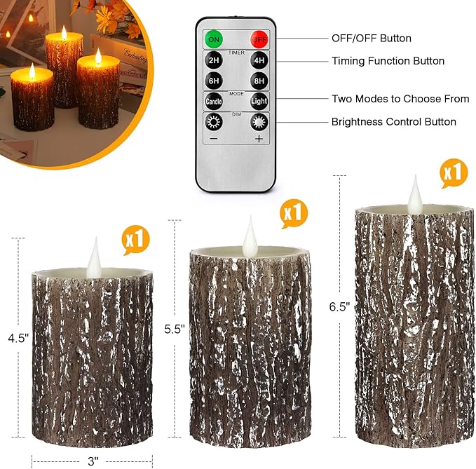 Enpornk Flameless Candles Battery Operated Pillar Pine Effect Real Wax Flickering 3D Wick Electric LED Decorative Candle Sets with Remote Control Cycling 24 Hours Timer, 4" 5" 6" Pack of 3