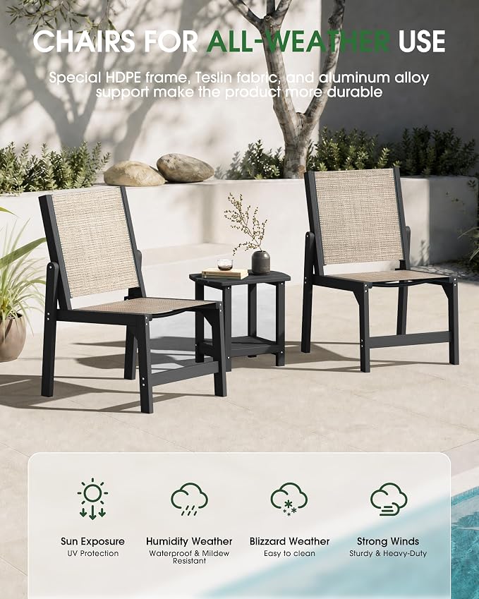 Patio Stackable Chairs Set of 2, HDPE Armless Outdoor Dining Chairs with Wide Seat, All-Weather Textilene Oversized Porch Chair for Garden, Poolside, Backyard, Deck | Black