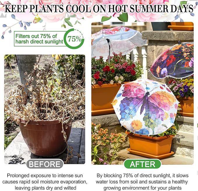 6 Pack Plant Umbrellas for Outdoor Plants, Adjustable Angle Plant Shade 25" Upgraded Large Plant Umbrella, 43.3" Sun Shade for Potted Plants Garden Beds