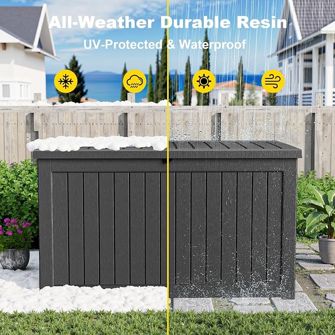 320 Gallon Large Outdoor Storage Box Waterproof, UV Resistant Resin Deck Box with Hydraulic Rod & Lockable Latch for Patio Furniture, Outside Storage Box for Garden Tools, Patio Cushions, Black