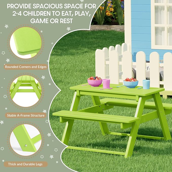 WestinTrends Malibu Outdoor Patio and Indoor Kids HDPE Plastic Picnic Bench Table, Lime
