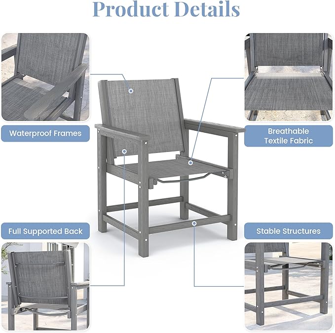 Amopatio Outdoor HDPE Dining Chairs Set of 6 All-Weather Patio Chairs with Textilene Backrest Heavy Duty for Porch Backyard Deck Lawn Garden, Gray