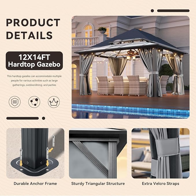 Aoxun 12'x14' Hardtop Gazebo, Outdoor Metal Gazebo with Double Polycarbonate Roof Canopy, Permanent Pavilion with Netting and Curtains for Lawn, Garden, Patio (Gray)