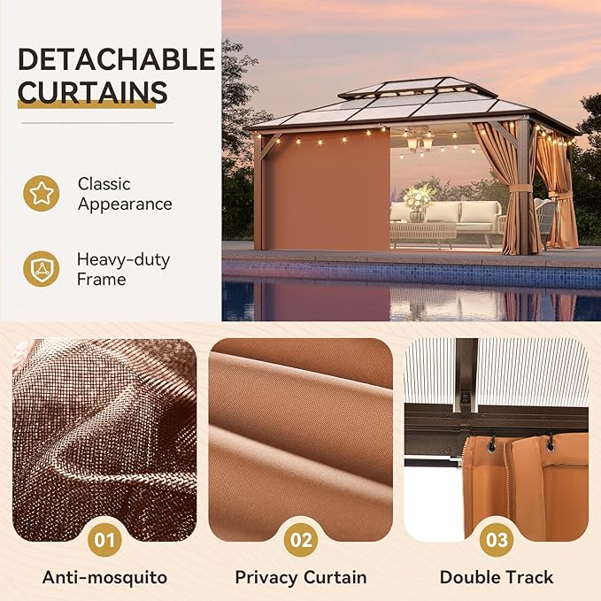 Aoxun 12'x14' Hardtop Gazebo, Outdoor Metal Gazebo with Double Polycarbonate Roof Canopy, Permanent Pavilion with Netting and Curtains for Lawn, Garden, Patio