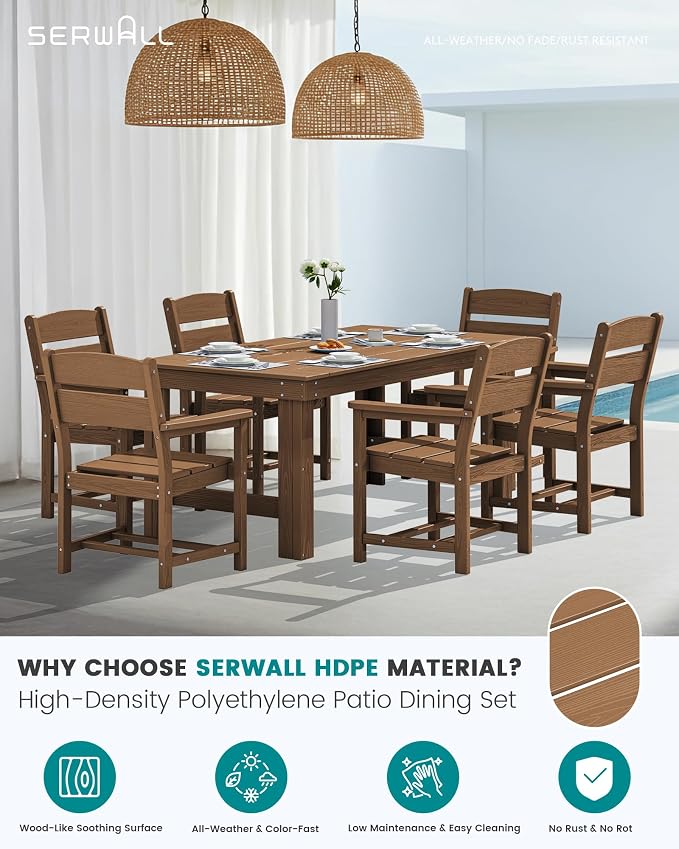 SERWALL HDPE Outdoor Dining Table and Chairs Set for 6 | with Oversized Chair Seat