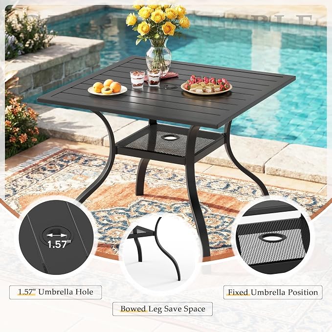 Incbruce 5 Pieces Patio Dining Set, Outdoor Dining Set of 4 Textilene Chairs and Square Table with Umbrella Hole for Backyard, Garden, and Poolside (Brown)