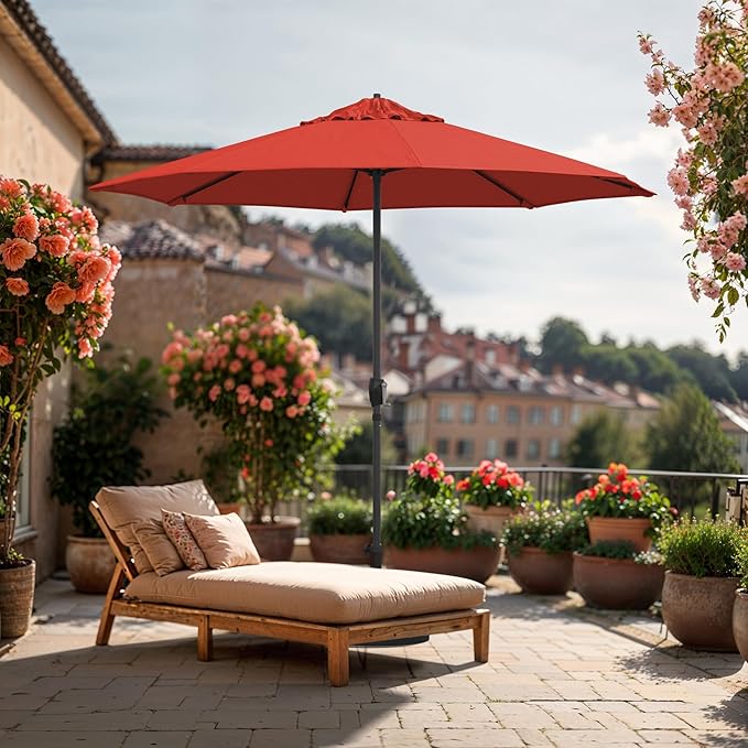 California Umbrella 8-Year Protection 9 Ft Outdoor Patio Umbrella, Solstice Fade-Resistant Fabric, Auto-Tilt, Heavy Duty Aluminum Frame, 8 Reinforced Ribs for Pool or Deck, Bronze Pole, Sunset