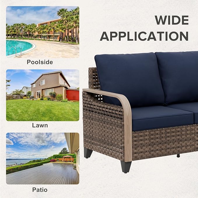 COOS BAY Modern Wicker Outdoor Furniture Set, 3 Piece Patio Conversation Set with a Loveseat and 2 Ottomans, 3 Piece, Brown/Blue