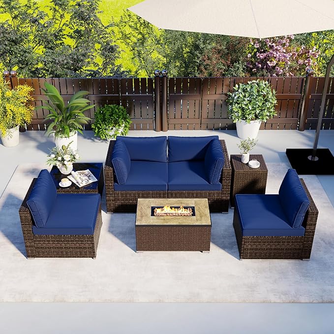 Tangkula 7 Pieces Patio Furniture Set with 32” Fire Pit Table and Propane Tank Cover, Outdoor PE Wicker Sectional Conversation Set with Cushions for Deck, Backyard, Protective Cover Included
