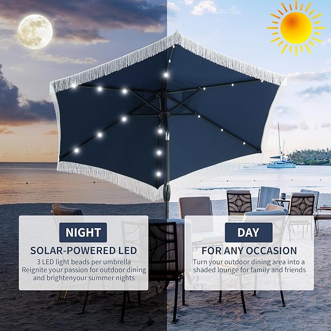 GDY 7.5 ft Fringe Patio Umbrella with 18 LED Solar Lights ，Stylish Fringe Decor for Graden, Pool, Beach, Deck, Navy Blue