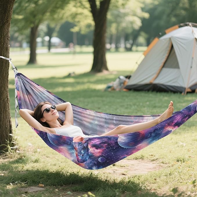 Camping Hammock Outdoor Hammocks for Outside Cosmic Starry Sky Beach Trees Portable Lightweight with Pockets Tree Straps Indoor Small