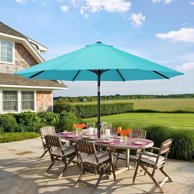 MASTERCANOPY 9FT Patio Umbrella with Push Button Tilt and Crank, Outdoor Market Umbrella with 8 Sturdy Ribs, UV Protection & Waterproof for Garden, Deck, Backyard, Pool (Turquoise)