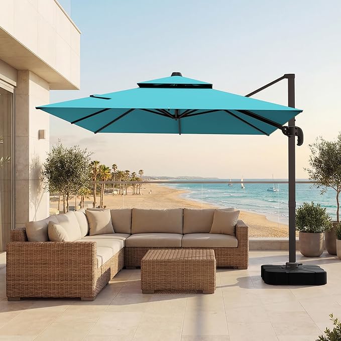 VEGOND 9x12 FT Patio Cantilever Umbrella (Base Not Included), Rectangular Heavy Duty Offset Umbrella for 6-8 People, 360°Rotation & Mult Tilt, Double Top Design, for Pool Garden Deck (Turquoise)