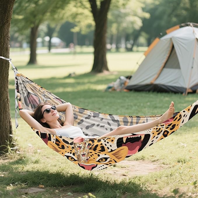 Colorful Cartoon Animal Leopard 330lb Capacity Hammocks with Hanging Rope Portable Hammock for Patio Backyard Lounge Base hamaca con Base para adultos