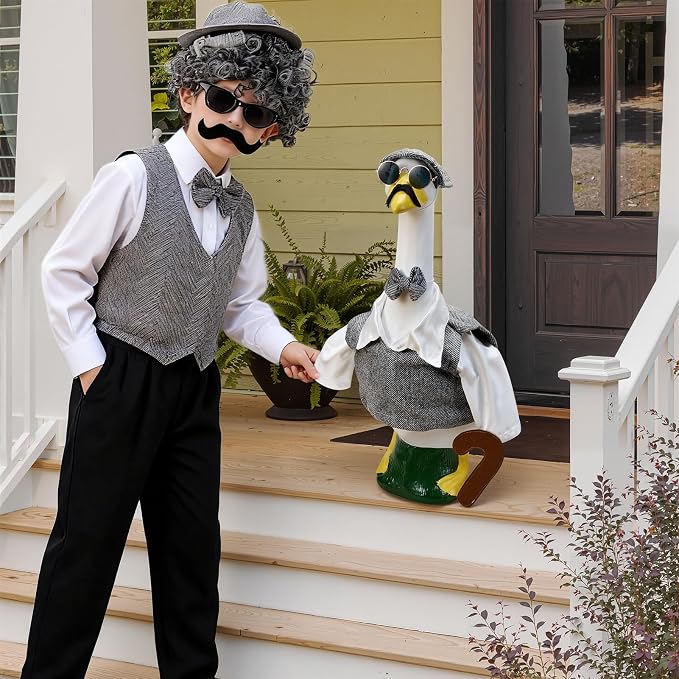 1 Set Old Man Porch Goose Outfit for 23 Inch Goose Statues | Includes Grandpa Porch Goose Clothes with Hat, Glasses, Mustache and Bow Tie for Summer Yard and Garden Displays
