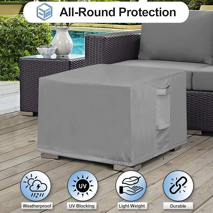 OutdoorLines Outdoor Waterproof Patio Ottoman Covers - Square UV-Proof Patio Side Table Cover Windproof Heavy-Duty Furniture Covering Protector 33L x 33W x 17H Inch, Grey
