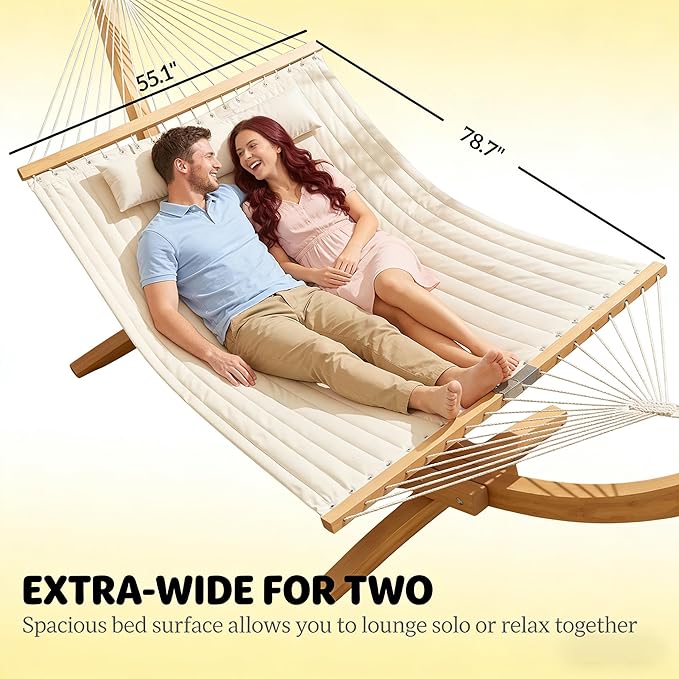 2-Person Tree Hammock Outdoor, Portable Double Hammock Without Stand, Detachable Headrest Magazine Pocket, 450 lbs Capacity, Camping Patio Backyard Indoor Outdoor Hammock Bed (Cream White)