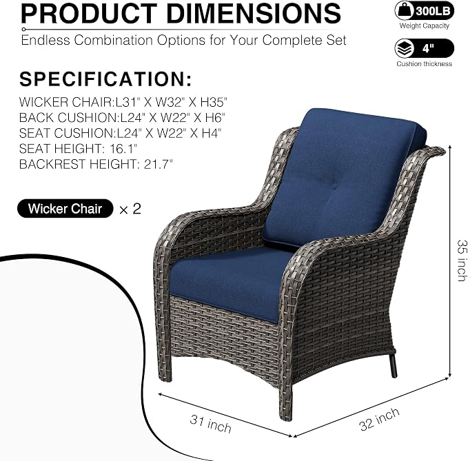 Joyside Patio Chairs Set of 2, Wicker Patio Furniture with High Back, Deep Seating, Wide Armrest, Thickened Cushions, Outdoor Rattan Furniture for Deck, Porch Use