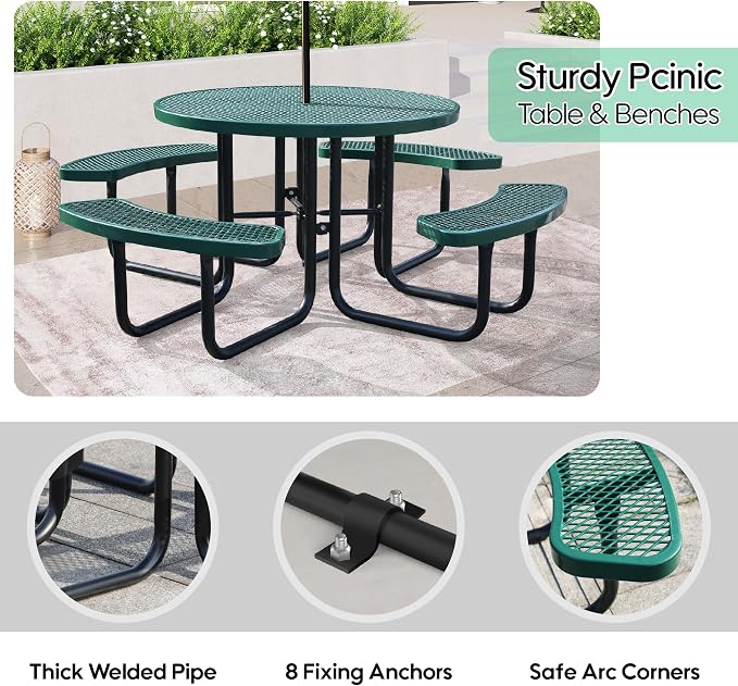 46" Round Picnic Tables for Outdoors,Commercial Metal Picnic Table Bench Set W/ Umbrella Hole,Restaurant School Canteen Tables W/Seats - Heavy Duty Sturdy Picnic Tables for Patio Garden Coffee Shop