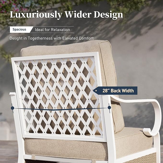 4 PCS Metal Outdoor Patio Furniture Set, Patio Conversation Set 1 3-seater Sofa, 2 Rocking Chairs with 5.75" Extra Thick Cushion and Coffee Table, White Frame Backyard Furniture, Beige
