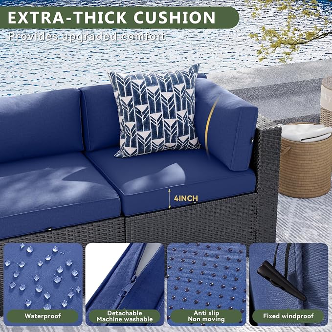 Aoxun 8 Piece Patio Furniture Set with 44” Fire Pit Table, Wicker Patio Sectional Sofa, Outdoor Furniture Set with Thickened Cushion, Blue