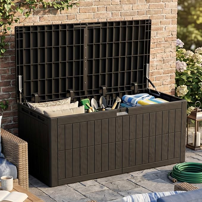 220 Gallon Extra Large Deck Boxes Outdoor Waterproof Lockable | Outdoor Storage Box with Double Wall Resin Construction for Patio Furniture Garden Tools Pool Supplies