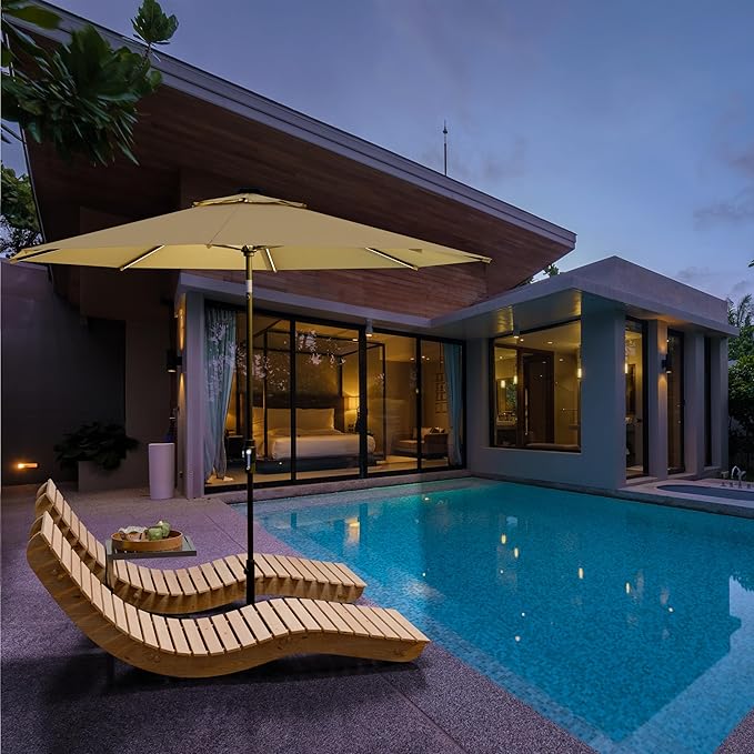 Midtown Umbrellas The LED Swilt 10 Feet Patio Umbrella With Terylast Chestnut (Beige) Polyester Fabric - Auto-Tilt Aluminum Frame With LED Lights For Backyard, Deck, Garden, Pool - Black Pole