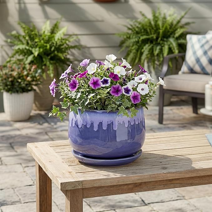 Ceramic Planter for Plants- 9 Inch Plant Pots Indoor with Drainage and Saucer, Decorative Planters, Durable Round Indoor Flower Pot, Garden Room Decor, Plant Gifts for Women Men, Blue
