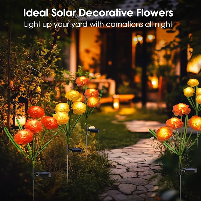 ReyeeInc Solar Flowers Outdoor Waterproof, Solar Carnation Stake Lights Outside with 12 Real Looking Flowers for Yard Decorations Outdoor, Front Yard, Garden, Flower Bed, Lawn, Patio Decor (3 Pack)