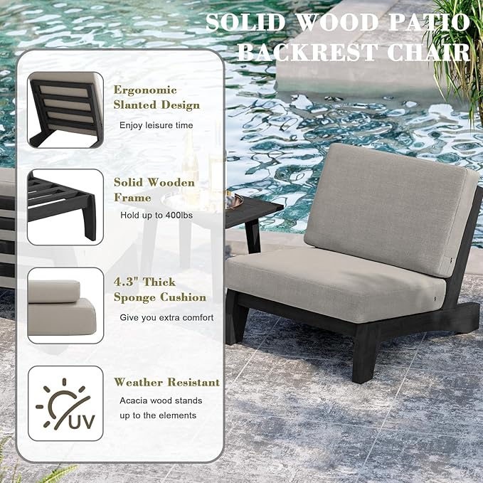 UIXE Black Wood Patio Furniture Sets, 4 Pieces All Weather Outdoor Sectional Futniture Patio Sofa Chair Backyard Conversation Set with Solid Wooden Coffee Table - Light Camel