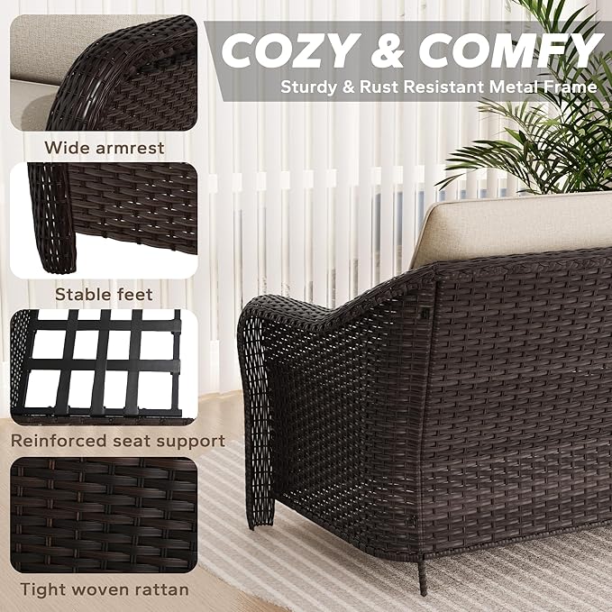 78" Wicker 3-seat Sofa, Outdoor Conversation Furniture, All-Weather Rattan Couch, Steel Frame Couch with Cushions for Garden, Poolside, Porch (Beige)