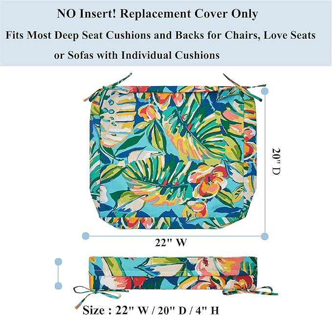 FUNHOME Outdoor Chair Cushion Covers 2 Pack, No Insert! Patio Cushion Covers Replacement 22" x 20" x 4", Water Resistant Patio Chair Cushion Slipcovers, Rosario Flower Leaf(Covers ONLY)