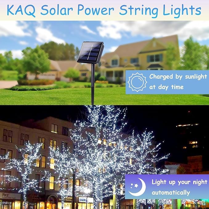 KAQ 6pack 600LED Solar String Lights Outdoor Waterproof Cool White | Total 198FT Flexible Wire With Bright LEDs, 8 Twinkle Modes with Memory, Auto On/Off Easily Decorates Trees, Fences, Garden