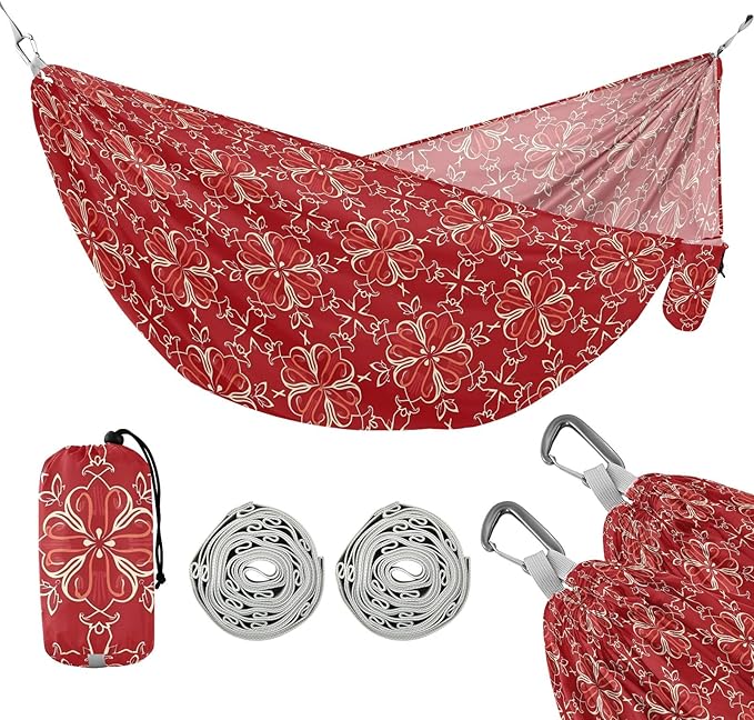 Camping Hammock Outdoor Hammocks for Outside Paisley Boho Red Beach Trees Portable Lightweight with Pockets Tree Straps Indoor