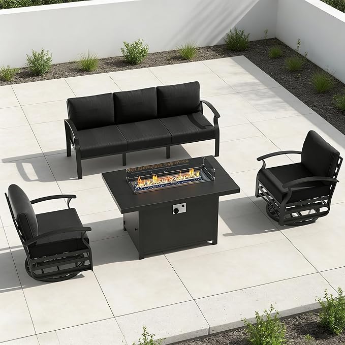 Aluminum Outdoor Patio Furniture Set,4 Pieces 5 Seats Patio Conversation Sets with 45" Propane Fire Pit Table,Metal Patio Sectional Furniture Set with 2 Swivel Rocking Chairs,Black