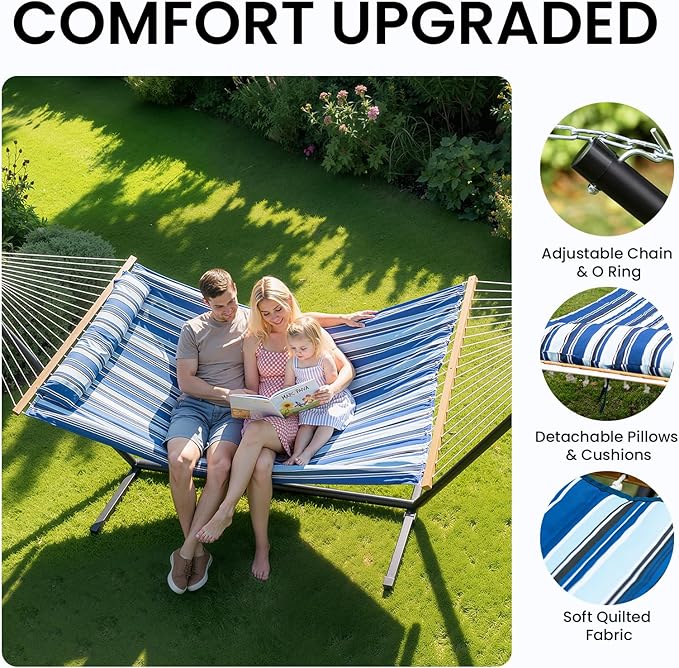 Double Hammock with Stand – Portable Cotton Rope Hammock with Removable Quilted Pad & Pillow, Adjustable Steel Frame for Patio, Backyard, Garden, Park, Camping & Outdoor Relaxation – Blue