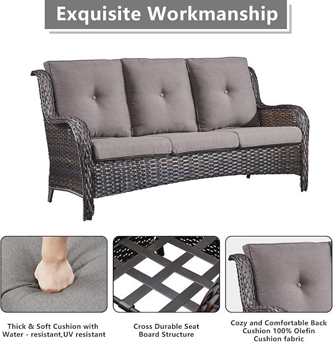 Rilyson 3 Piece Wicker Patio Furniture Set - Outdoor Rattan Patio Comversation Set with 1 Sofa and 2 Ottomans for Outside Porch Deck Garden(Brown/Grey)