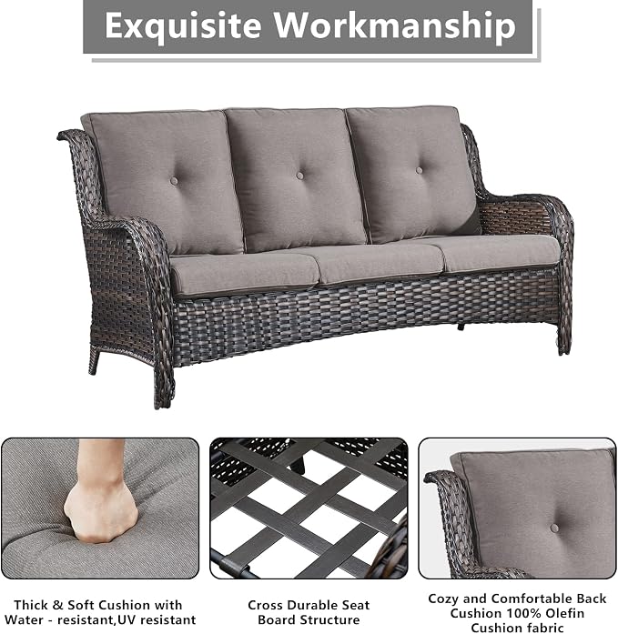 Rilyson Outdoor Patio Wicker Furniture Set - 6 Piece Rattan Patio Conversation Sectional Sofa Set with 1 Couch,2 Armchairs,2 Ottomans and 1 Glass Top Coffee Table for Porch Deck Garden(Brown/Grey)