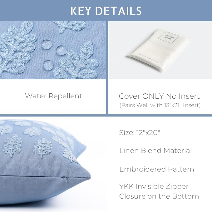 California Casual Coastal Indoor Outdoor Lumbar Pillow Cover, 12"x20" Water Repellent for Patio, Backyard, Couch, Poolside, Light Blue Embroidered Leaves