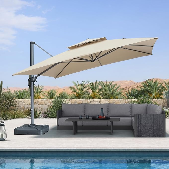 PURPLE LEAF 12FT Sunbrella Cantilever Umbrella Outdoor Large Heavy Duty Double Top Offset Hanging 360° Rotation Square Umbrella for Garden Patio Deck Pool Backyard Spectrum Sand
