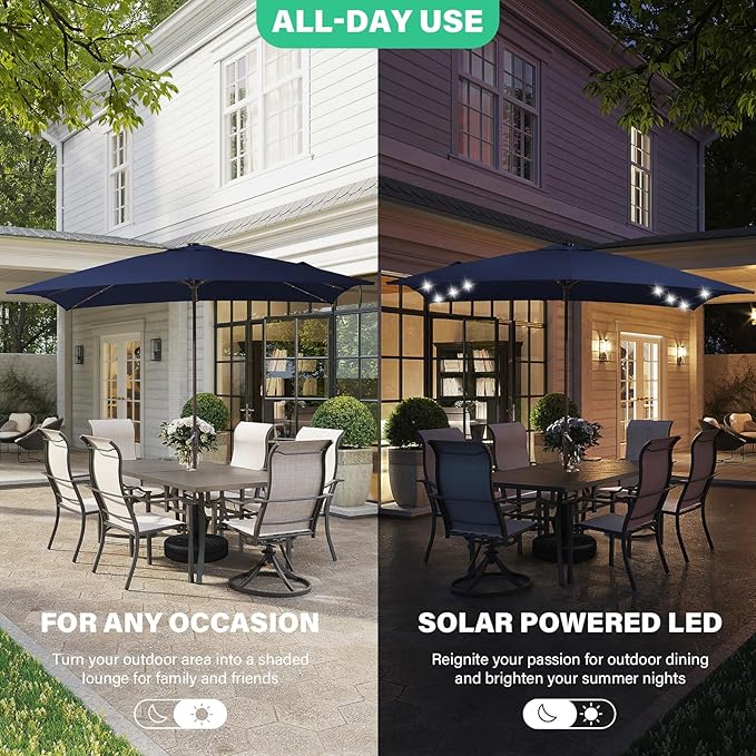 JEAREY 8x10 ft Rectangular LED Lighted Patio Umbrellas Outdoor Solar Table Market Umbrella w/Crank, 8 Sturdy Ribs, UV Protection Waterproof Sunproof(Dark Blue)
