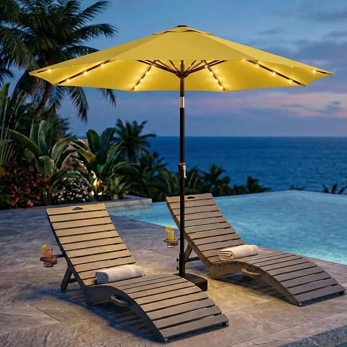 Kingdura 9FT Outdoor Patio Umbrella with Solar Lights, Market Table Umbrella with Push Button Tilt & Crank, 8 Sturdy Ribs, 32 LED Lights, UV Protection for Garden Lawn Deck Backyard Pool (Yellow)