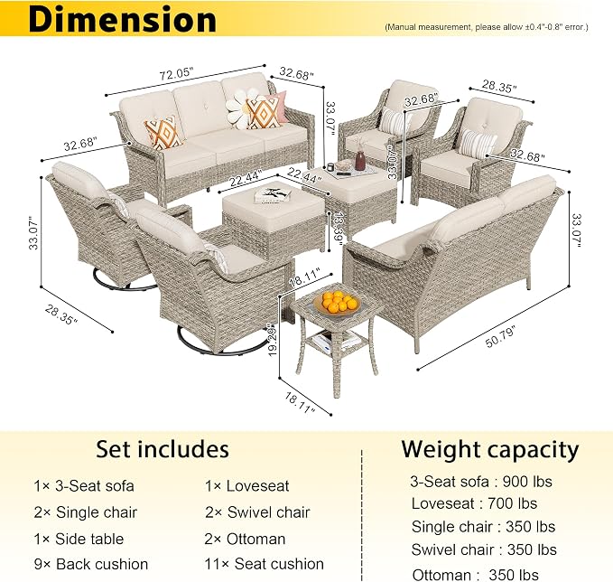 HOOOWOOO 9 Piece Patio Furniture Conversation Sets with Swivel Rocking Chairs,Outdoor Wicker Furniture with Ottoman,All Weather Resistant High Back Rattan Conversational Set(Beige Tan)