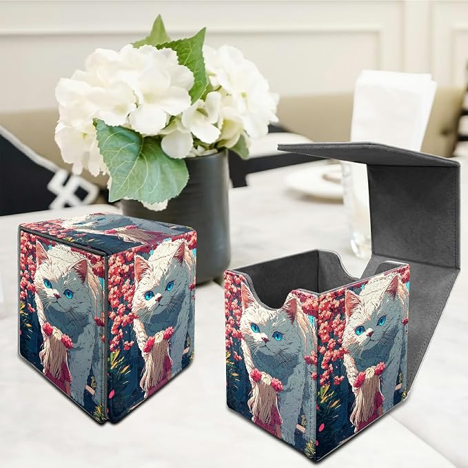 Big Cat Girl Card Deck Box for MTG, Personalized Card Storage Case Fits 120+ Sleeved Cards, Premium Leather TCG Box with Strong Magnetic Closure for Magic, CCG, PTCG, Baseball Cards