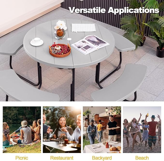 Round Picnic Table for Outdoors, 8 Person Outdoor Picnic Tables & Benches Set with Umbrella Hole, HDPE Tabletop & Metal Frame, 2000 LBS Capacity Table Bench Set for BBQ, Garden, Lawn, Patio