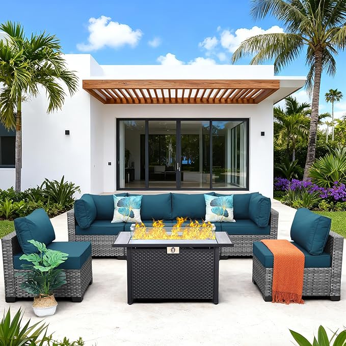 7 Pieces Wicker Patio Furniture Set Rattan Outdoor Sectional Conversation Sofa Set with Fire Pit Table Non-Slip Cushions and Furniture Cover, Peacock Blue